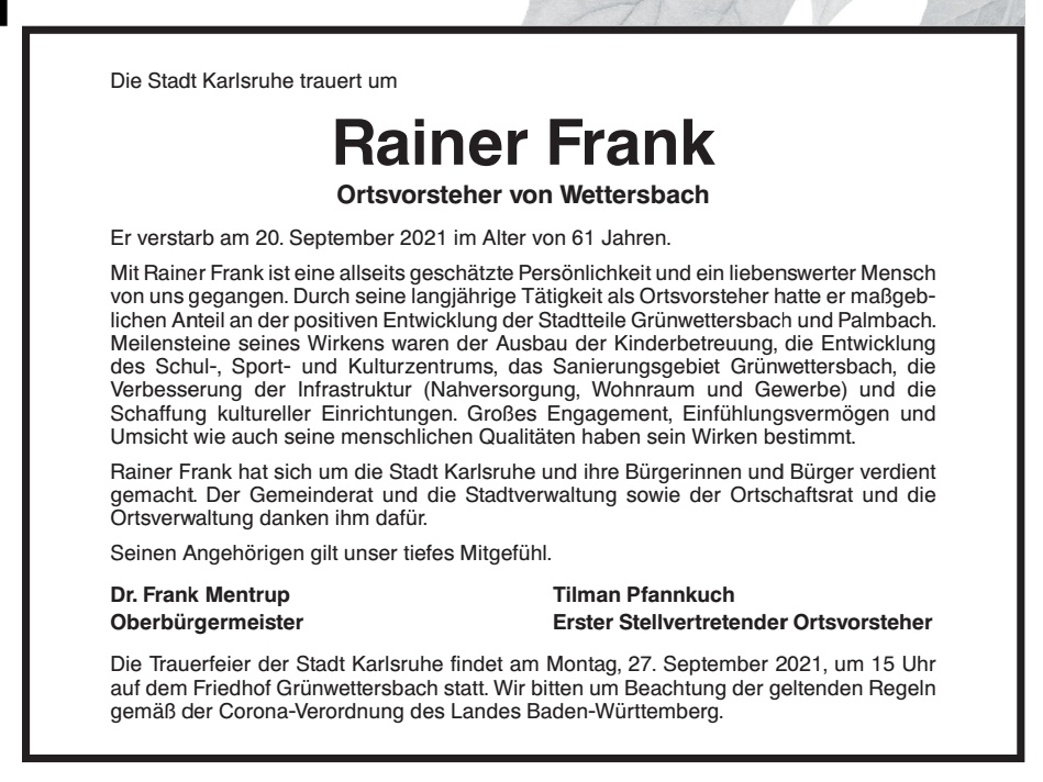 Traueranzeige Rainer Frank StadtKA Sept21